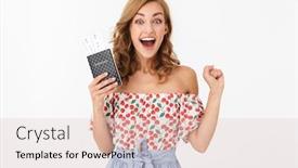  Presentation with passport - Beautiful slide deck featuring image of surprised positive young woman tourist posing isolated over white wall background holding passport with tickets make winner gesture backdrop and a lemonade colored foreground