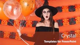 Presentation with black girl - Slide set consisting of image of surprised witch girl in black halloween costume holding balloons with spider web isolated over orange pumpkin wall background and a red colored foreground