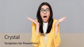  Presentation with glasses - Beautiful presentation theme featuring image of surprised woman wearing backdrop and a yellow colored foreground