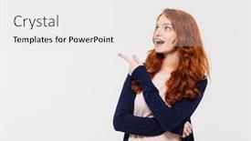 Presentation with lady - Audience pleasing theme consisting of image of surprised young redhead lady standing isolated over white wall background pointing looking aside backdrop and a white colored foreground