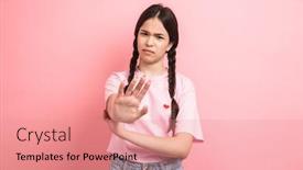  Presentation with teen girl - Beautiful slide set featuring image of teen unhappy girl with two braids rejecting and showing stop gesture at camera isolated over pink background backdrop and a coral colored foreground
