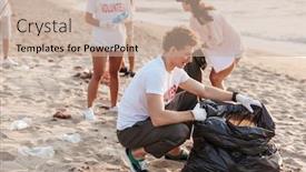  Presentation with eco plastic - Amazing PPT theme having trash bags at seashore backdrop and a coral colored foreground