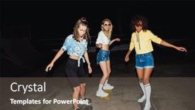  Presentation with girls night - Beautiful PPT layouts featuring image of teenage multinational girls in streetwear smiling and riding skateboards at night outdoors backdrop and a dark gray colored foreground