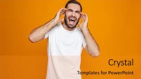  Presentation with headache - PPT theme consisting of image of tense guy 30s background and a gold colored foreground