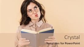  Presentation with beige book - Cool new PPT theme with image-of-thinking-caucasian-woman backdrop and a coral colored foreground