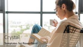  Presentation with coffee book - Colorful presentation theme enhanced with image-of-thinking-cute-woman backdrop and a coral colored foreground