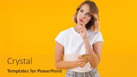  Presentation with basic - PPT theme consisting of image of thoughtful blond woman in basic t-shirt looking urward and holding cellphone isolated over yellow background background and a gold colored foreground