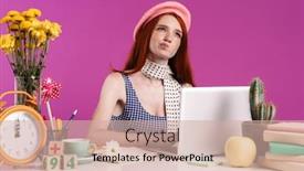  Presentation with teen girl - Cool new theme with image of thoughtful teen girl studying on laptop computer while sitting at desk isolated over violet background backdrop and a soft green colored foreground