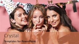  Presentation with pink birthday - Presentation design featuring image of three attractive party girls in festives outfit smiling and celebrating birthday isolated over pink background background and a coral colored foreground