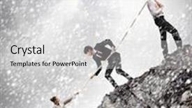  Presentation with mountain snow - Amazing slide deck having image of three businesspeople pulling rope atop of mountain under falling snow backdrop and a light gray colored foreground