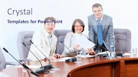  Presentation with conference table - Cool new PPT theme with image of three businesspeople sitting at table at conference backdrop and a sky blue colored foreground