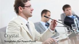  Presentation with conference table - Beautiful slides featuring image of three businesspeople at table at conference backdrop and a light gray colored foreground