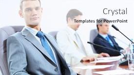  Presentation with conference table - Colorful PPT layouts enhanced with image of three businesspeople at table at conference backdrop and a cool aqua colored foreground