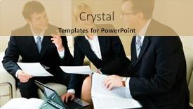  Presentation with decision - PPT theme having image of three confident entrepreneurs discussing a new business decision background and a coral colored foreground