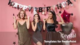  Presentation with pink birthday - Beautiful PPT theme featuring image of three excited party girls in festive dresses smiling and celebrating birthday isolated over pink background backdrop and a tawny brown colored foreground