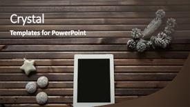  Presentation with wooden toy - Colorful PPT layouts enhanced with image of three spice-cakes decorative silver cones and white toy star surrounding touchpad on wooden background backdrop and a dark gray colored foreground