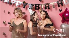  Presentation with pink birthday - Presentation design having image of three young party girls in festive dresses holding smartphone while celebrating birthday isolated over pink background background and a tawny brown colored foreground