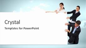  Presentation with banner blue - Beautiful PPT theme featuring image of three young people holding blank banner against blue background place for text backdrop and a white colored foreground