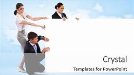  Presentation with banner blue - Presentation having image of three young people holding blank banner against blue background place for text background and a white colored foreground