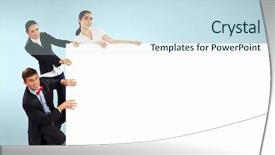  Presentation with banner blue - Colorful presentation theme enhanced with image of three young people holding blank banner against blue background place for text backdrop and a sky blue colored foreground