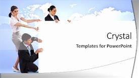  Presentation with banner blue - PPT theme featuring image of three young people holding blank banner against blue background place for text background and a white colored foreground