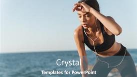  Presentation with rest - Colorful presentation design enhanced with image of tired serious beautiful young strong sports woman outdoors at the beach at morning have a rest listening music with earphones backdrop and a seafoam green colored foreground