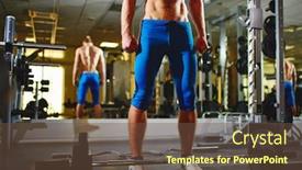  Presentation with weight - Slide deck featuring image of topless man standing in gym with weight near background and a tawny brown colored foreground