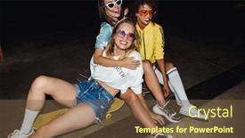  Presentation with girls night - PPT layouts with image of trendy multinational girls in streetwear smiling and sitting on skateboards at night party outdoors background and a tawny brown colored foreground