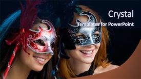  Presentation with masks - Beautiful PPT theme featuring image of two attractive women looking happily through venetian masks backdrop and a navy blue colored foreground