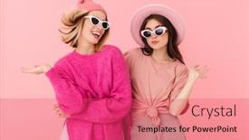 Presentation with women e commerce clothes - PPT layouts with image-of-two-cheerful-women background and a red colored foreground