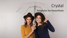  Presentation with under umbrella - PPT theme enhanced with image of two joyful women background and a light gray colored foreground