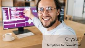  Presentation with selfie - Colorful presentation enhanced with image-of-unshaven-excited-programmer backdrop and a coral colored foreground