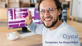  Presentation with selfie - Slide deck having image-of-unshaven-excited-programmer background and a sky blue colored foreground