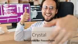  Presentation with joyful - Amazing presentation theme having image-of-unshaven-joyful-programmer backdrop and a coral colored foreground