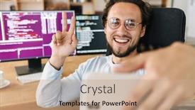  Presentation with joyful - Beautiful presentation design featuring image-of-unshaven-joyful-programmer backdrop and a coral colored foreground