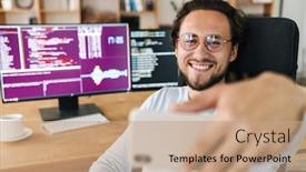  Presentation with joyful - Presentation theme with image-of-unshaven-joyful-programmer background and a coral colored foreground