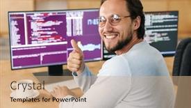  Presentation with computers - Presentation design consisting of image-of-unshaven-smiling-programmer background and a coral colored foreground