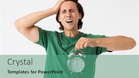  Presentation with basic - Cool new PPT theme with image-of-uptight-brunette-man backdrop and a teal colored foreground