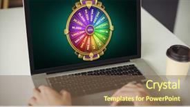  Presentation with graphic - Slide deck having graphic image of wheel of fortune on mobile screen against cropped hands of woman using laptop background and a tawny brown colored foreground