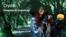  Presentation with pumpkin seeds as pumpkin - Slide set consisting of image of witch pointing finger background and a tawny brown colored foreground