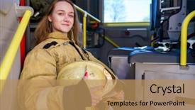  Presentation with fire fighting - PPT theme featuring image of woman firefighter background and a coral colored foreground