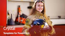  Presentation with fire truck - Presentation theme with image of woman firefighter background and a crimson colored foreground