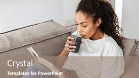  Presentation with girl reading - Colorful PPT theme enhanced with image of young african american girl reading book and drinking tea while sitting on sofa in bright flat backdrop and a coral colored foreground