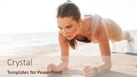  Presentation with exercise sport - Cool new PPT layouts with image of young amazing pretty fitness woman outdoors on beach make yoga sport plank exercise backdrop and a lemonade colored foreground