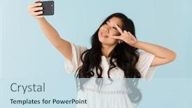 Presentation with peace - Cool new slide set with image of young asian beautiful woman isolated over blue background take a selfie by mobile phone showing peace gesture backdrop and a sky blue colored foreground
