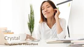  Presentation with coffee music - Presentation consisting of image of young asian businesswoman listening to music with earphones and drinking coffee while working in office background and a lemonade colored foreground