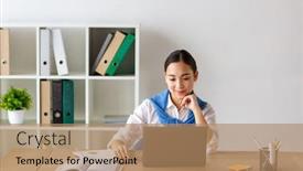  Presentation with secretary - Audience pleasing slide deck consisting of image-of-young-asian-secretary backdrop and a coral colored foreground