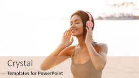  Presentation with asian music - Audience pleasing slide deck consisting of image of young asian woman in sportive clothes listening to music with headphones while walking by sea backdrop and a coral colored foreground
