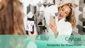  Presentation with selfie - Colorful slides enhanced with image-of-young-beautiful-blond backdrop and a seafoam green colored foreground