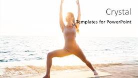  Presentation with exercise sport - PPT theme featuring image of young beautiful fitness woman outdoors on beach with fitness rug make yoga sport exercise background and a white colored foreground